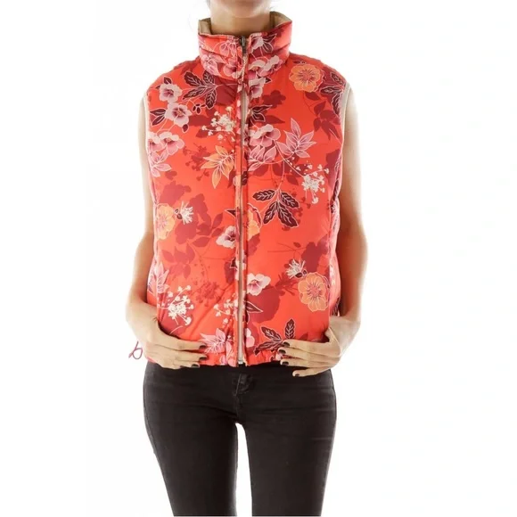 LL Bean Reversible Coral Floral Cream Down Puffer Vest  Size Medium - Picture 2 of 15